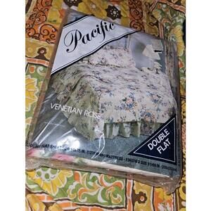 Rare Vtg Pacific Floral Yellow Multicolor Double Flat Fitted Bed Sheet